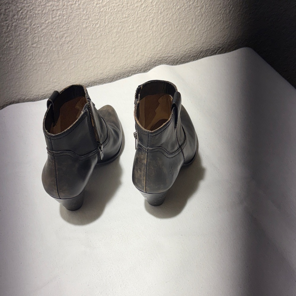 Frye Distressed Black Leather Pointed Ankle Booties - Picture 3 of 5